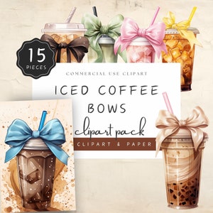 Iced Coffee Bow Clipart, Take away Cup Coffee with Ice Cubes, Ribbons and Straws, 15 PNGs for Digital Creations | UC005