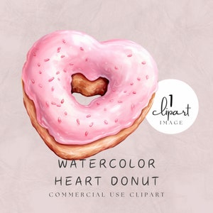 Donut Heart Clipart, Watercolor Valentines Donut, Heart Shaped Transparent PNG, Pink Frosting for Lovers, Commercial Use | UC07