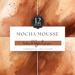 Peut inclure: Un ensemble de 12 papiers numériques de fond dans des tons de brun et de beige. Les papiers présentent un design texturé, semblable à de l'aquarelle, sur le thème du "Mocha Mousse". Les papiers sont destinés à un usage commercial et sont étiquetés "papier numérique texturé".