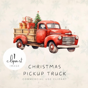 Kerst pick-up truck png-clipart, aquarel rode kerstman vrachtwagen, kerstboom en cadeaus, voor digitale print en ambachten | UC105