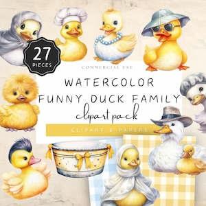 Imágenes prediseñadas de patos amarillos, gráficos familiares de patos divertidos en acuarela, patito bebé lindo amarillo pastel, 27 PNG para creadores digitales e impresión / UC004