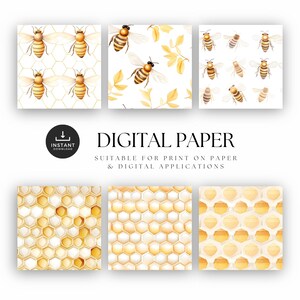 Bee Digital Paper Pack Watercolor Yellow Honey Bee Seamless Pattern for ...