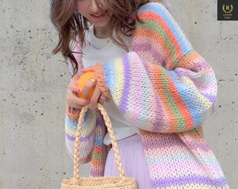 Rainbow Striped Knit Cardigan, Cute Multicolor Sweater Cardigan, Women Loose Knit Cardigan, Y2K Casual Cardigan, Pink Harajuku Knit Cardigan