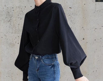 Puff Sleeves High Neck Long Sleeves Shirt Top, Women Office Outfit Black Blouse, Women Blouse Shirt Lantern Long Sleeve, Office Womens Tops