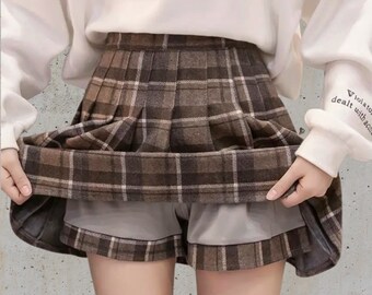 Pleated Plaid Retro A Line Skirt, Dark Academia, Y2k Korean Style Woolen Mini Skirt, High Waist Sweet Women Short Skirt, Harajuku Skirt