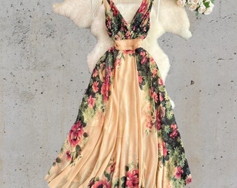 Midi lange jurk met bloemenprint, dames zomer mouwloze tankjurk met V-hals, bruiloftsgastjurk, A-lijn jurk in Koreaanse stijl, homecoming-jurk