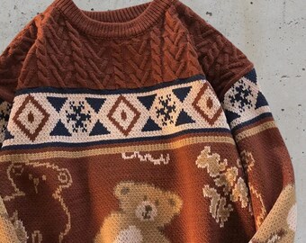 Teddy Bear Sweater, Cute Bear Knitting Pullover, Y2K Loose Harajuku Sweater, Oversized Sweatshirt, Tops Knitting, Couple Sweater gift