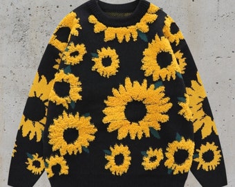 Sunflower Sweater, Oversized Knitted Sweater, Fall Knitwear Pullover, Casual Patchwork Sweater, Unisex Sweater, Loose Thick Warm Sweater