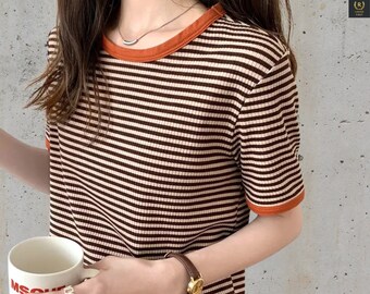 Women's Striped T-Shirt, Short Sleeve T-Shirt for Women's, Korean Style T-Shirt, Retro T-Shirt, Casual T-Shirt, Loose Round Neck Women's Top