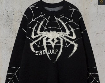 Y2K Spider Sweater, Black Knitted Sweater, Punk Gothic Grunge Pullover, Oversized Sweater, Unisex Streetwear Sweater, Spider Knit Pullover