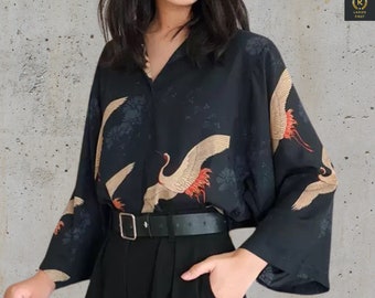 Kimono damesblouse, Japanse kranen klassieke kunst voorkant achterkant, bedrukte flare mouwen shirtblouse, zachte kreukvrije schattige tuniek