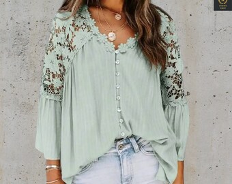 Damen Boho Spitze 3/4 Ärmel Knopfleiste Blumen Romantische Bluse Top Boho 70er Jahre inspiriert, lässige Oversize Frühlingsbluse, langärmliges Top