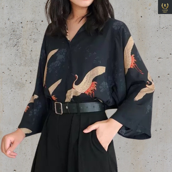 Chemisier kimono pour femme, art classique grues japonaises devant dos, chemisier imprimé à manches évasées, jolie tunique douce et sans plis