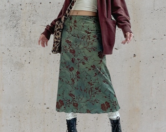 Floral Print Mid Calf Skirt, Streetwear, Retro, Y2K Green Fairycore, Midi Skirt Aesthetic, Women's Skirts Grunge Outfits, Grunge Long Skirt