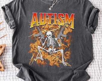 Autisme Skeleton Fire Tshirt Comfort Colors® Autism Awareness T-shirt, grappig Tism-shirt Autisme Acceptatie Autistische Ondersteuning Meme Autisme Cadeau