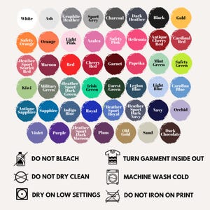 Peut inclure: Un tableau de 36 options de couleurs diff&eacute;rentes pour les v&ecirc;tements. Les couleurs sont dispos&eacute;es en grille avec les noms de chaque couleur indiqu&eacute;s en dessous. Le tableau comprend &eacute;galement des instructions d'entretien pour les v&ecirc;tements, telles que "Ne pas blanchir", "Ne pas nettoyer &agrave; sec", "Retourner le v&ecirc;tement avant de le laver", "Lavage en machine &agrave; froid", "S&eacute;chage &agrave; basse temp&eacute;rature" et "Ne pas repasser sur l'impression".