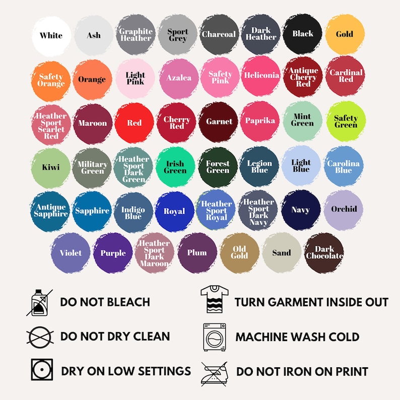 Peut inclure: Un tableau de 36 options de couleurs diff&eacute;rentes pour les v&ecirc;tements. Les couleurs sont dispos&eacute;es en grille avec les noms de chaque couleur indiqu&eacute;s en dessous. Le tableau comprend &eacute;galement des instructions d'entretien pour les v&ecirc;tements, telles que "Ne pas blanchir", "Ne pas nettoyer &agrave; sec", "Retourner le v&ecirc;tement avant de le laver", "Lavage en machine &agrave; froid", "S&eacute;chage &agrave; basse temp&eacute;rature" et "Ne pas repasser sur l'impression".