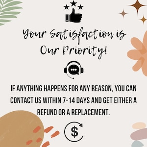 Peut inclure: Un graphique avec un fond blanc et du texte noir qui dit "Votre satisfaction est notre priorit&eacute; !" avec une ic&ocirc;ne d'&eacute;valuation par &eacute;toiles noire, une ic&ocirc;ne de t&eacute;l&eacute;phone noir avec une bulle de discussion et une ic&ocirc;ne de dollar noir avec une fl&egrave;che circulaire. Le texte sous le graphique dit "Si quelque chose arrive pour quelque raison que ce soit, vous pouvez nous contacter dans les 7 &agrave; 14 jours et obtenir un remboursement ou un remplacement."