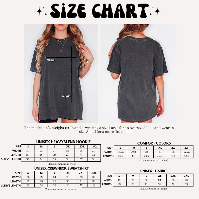 Peut inclure: Tableau des tailles pour v&ecirc;tements unisexes, y compris les sweats &agrave; capuche, les sweat-shirts et les t-shirts. Le tableau indique les mesures en pouces pour les tailles S, M, L, XL, 2XL et 3XL. Le tableau indique &eacute;galement que le mannequin mesure 5'4" et p&egrave;se 120 lbs.