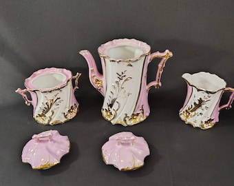 Vintage Pink and Gold Porcelain Tea Set – Victorian Style – Set of 3 – Teapot, Sugar Bowl & Creamer