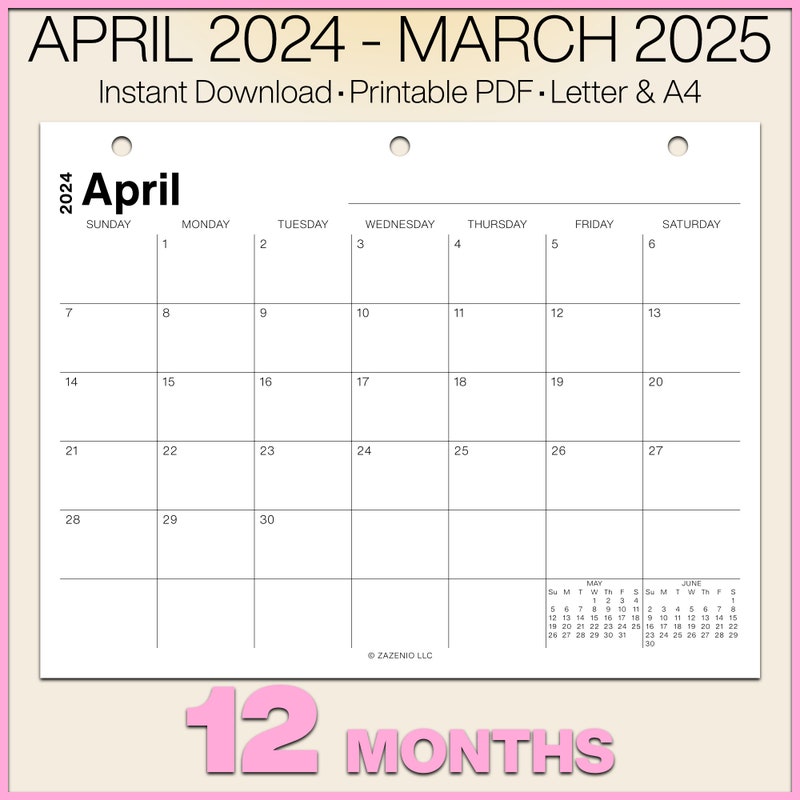 Print April 2024 Calendar Etsy