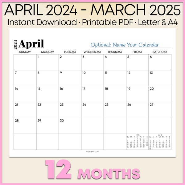 2024-2025 Calendar Printable Monthly, April, May, June, July, August, September, October, November, December, January, February, March