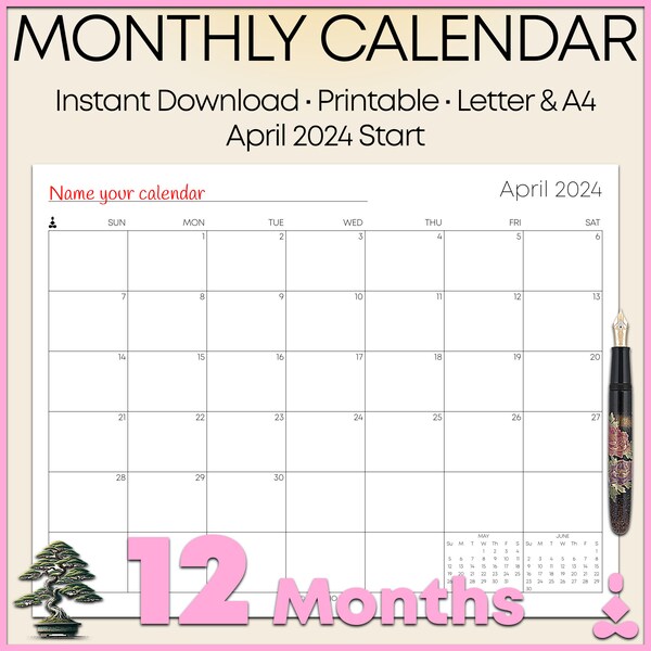 2024-2025 Calendar Printable Monthly Planner, 12 Months from April to March, Landscape Orientation, Letter and A4 sizes Included