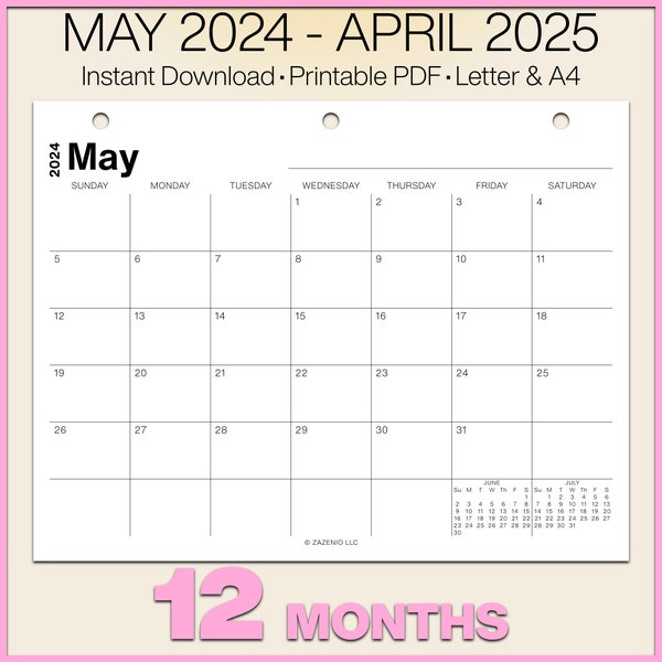 Calendrier mai 2024 imprimable, agenda 12 mois, modèle PDF à téléchargement numérique, lettre US, A4, début dimanche ou lundi, design minimaliste