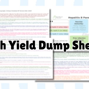 Könnte beinhalten: Eine Sammlung von pädagogischen Lerndokumenten mit dem Titel High Yield Dump Sheets, die medizinische Informationen, textbasierte Diagramme und ein Hepatitis-B-Panel-Interpretationsraster mit farbcodierten Abschnitten in Blau, Rot, Grün und Gelb enthalten.