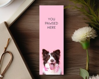 Marcador de página quadrado rosa com a imagem de um Border Collie