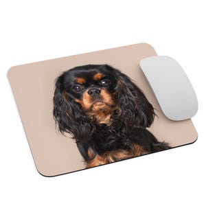 Könnte beinhalten: Rechteckiges Mauspad mit einem Cavalier King Charles Spaniel mit schwarzem und braunem Fell. Eine weiße Computermaus befindet sich rechts. Der Hintergrund ist einfarbig beige.