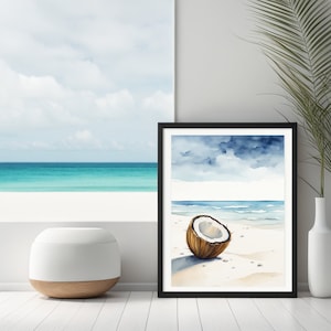 Coconut Beach Watercolor Art Print, Tropical Coastal Wall Art, Beach House Decor, White Sand Wall Art Instant Digital Download (Printable)