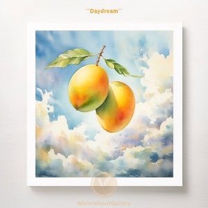 Watercolor Mango Art Print – Whimsical Flying Fruit Poster, Tropical Kitchen Wall Decor, Printable Wall Art, Summer Art, Instant Download