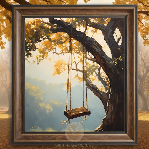 Old Wooden Swing Print Oak Tree Oil Painting Warm Vintage Decor Childhood Nostalgia Wall Art Emotional Art Print Sepia Tones DOWNLOADABLE