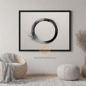 Black and White Enso Zen Circle Digital Print Watercolor on Paper Painting Zen Minimalist Horizontal Wall Art Zen Buddhism DOWNLOADABLE