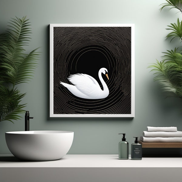 Cygne blanc sur fond noir, impression numérique, art mural minimaliste, décoration de salle de bain élégante, cygne ultra-réaliste imprimable, éclairage clair-obscur