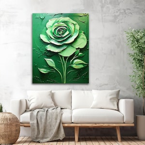Green Minimalist Art Print Large Green Textured Art Rose Oil Painting Green Abstract Painting Rose Flower Painting Green Canvas DOWNLOADABLE