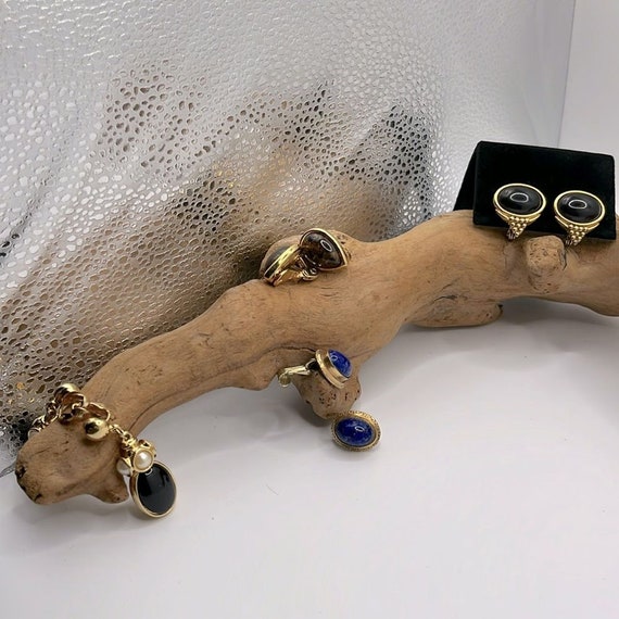 Antique Lapis Esque Hand tooled Goldtone Earrings… - image 1