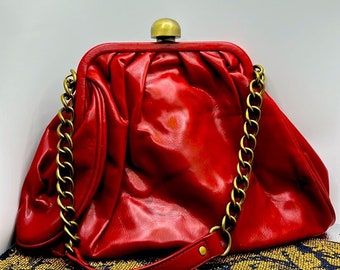 Funky Retro Vintage Red Vinyl Purse with Gold Toned Heavy duty Chain Handles