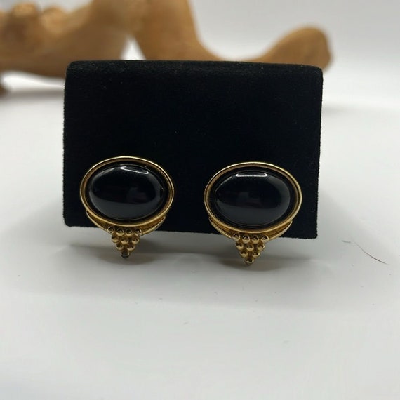 Antique Lapis Esque Hand tooled Goldtone Earrings… - image 7
