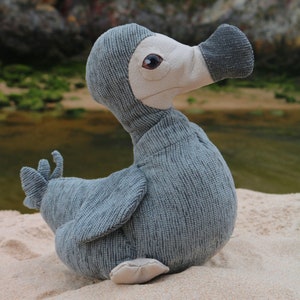 Puede incluir: Un juguete de peluche dodo gris con un pico blanco y grandes ojos negros. El juguete está sentado en una playa de arena.