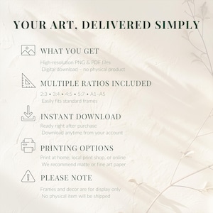 Minimalist digital wall art information layout on a textured beige background, featuring sections titled "What You Get," "Multiple Ratios Included," "Instant Download," "Printing Options," and "Please Note." Simple icons and subtle leaf illustration enhance the calm, Japandi-inspired design.