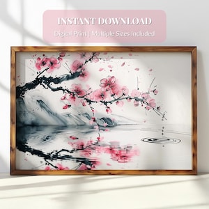 Impression d'art murale Japandi Sakura - Branche de fleurs de cerisier minimaliste au-dessus de l'eau, décoration numérique d'inspiration zen pour des intérieurs sereins et élégants