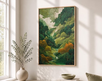 Japandi Forest Wall Art: Deep Green Nature Print (Digital Download)