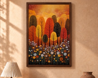 Autumn Forest Wildflower Print, Orange Tree Wall Art, Botanical Nature Poster