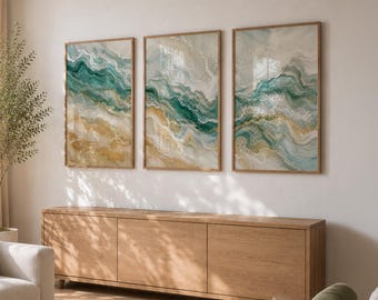 Japandi Wall Art Set – Sage Green Ocean Triptych Poster Set
