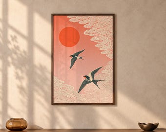 Japanese Swallow Print, Red Sun Cloud Wall Art, Japandi Bird Poster