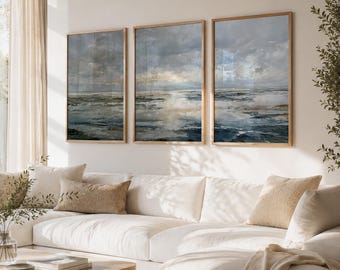 Japandi Wall Art Set – Blue Gray Coastal Triptych Poster Set