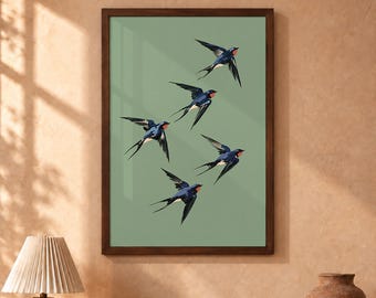 Swallow Wall Art, Sage Green Flying Birds Print, Japandi Nature Poster