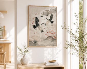 Flying Cranes Japandi Wall Art – Minimalist Wabi Sabi Bird Poster (Digital Download)